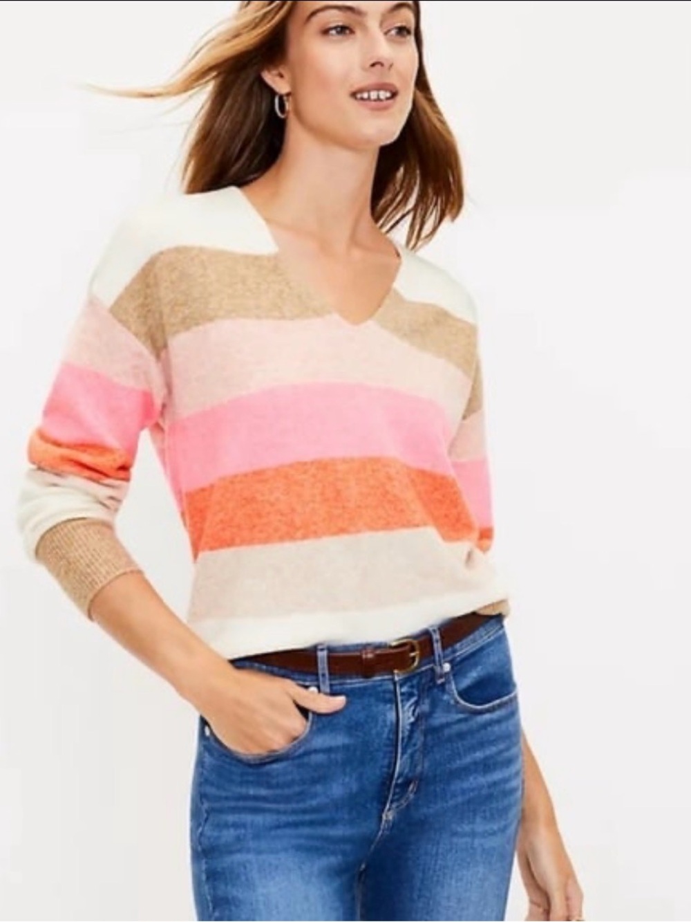 LOFT Striped V-Neck Sweater in Cream, Pink, Orange & Tan
